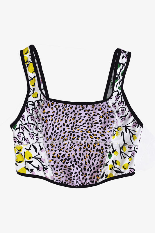 Reversible Patchwork Swim Corset in Cheetah/Fruit/Wandering Floral Prints in Size Medium