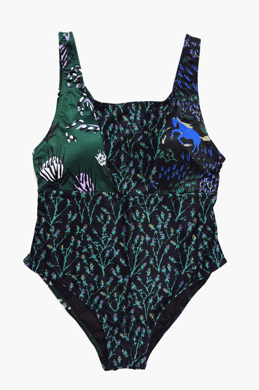 Patchwork Chartreuse Berry/Horses/Emerald Thistle One Piece Swimsuit