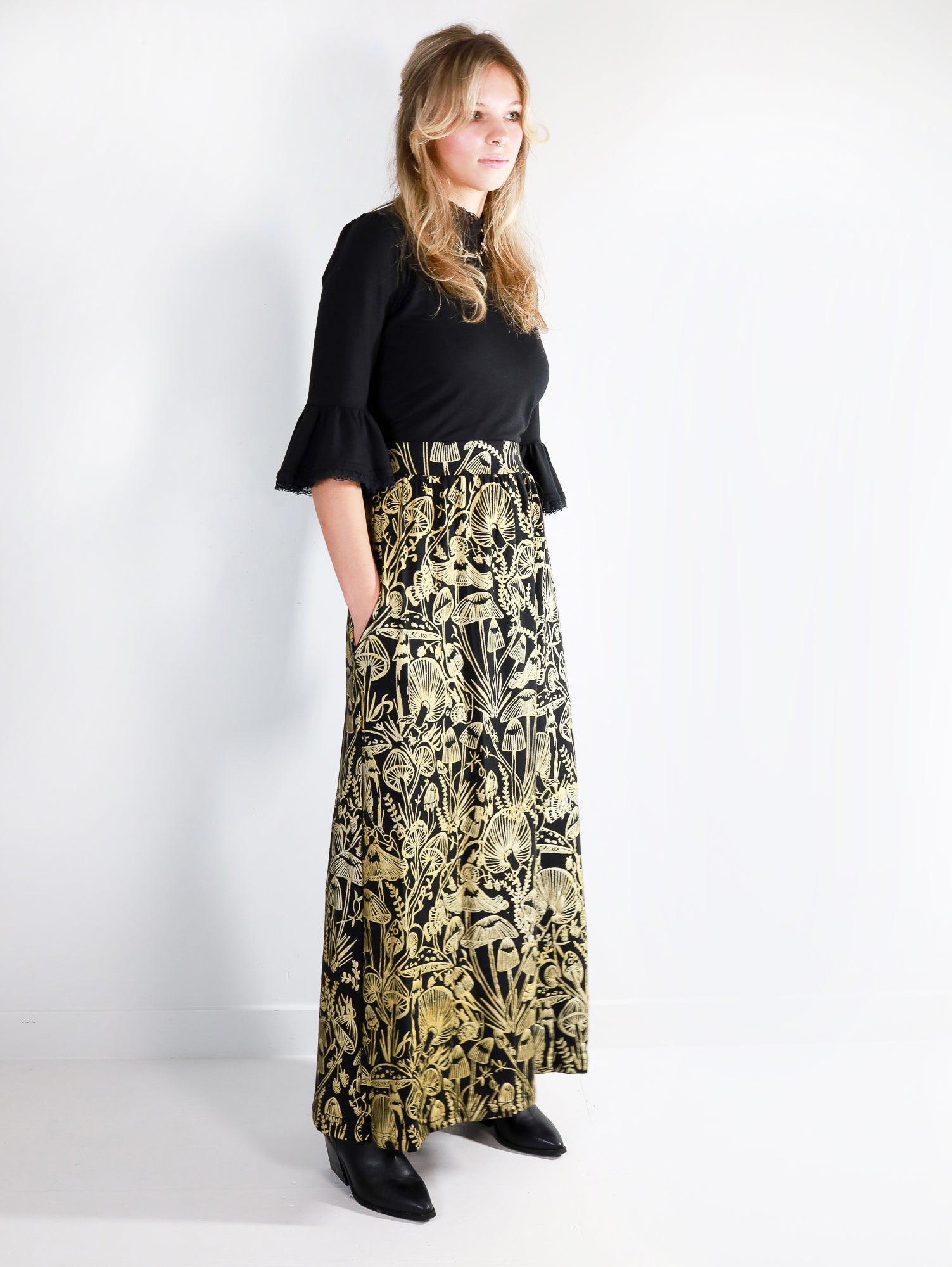 Gold on Black Shroomed Maxi Skirt - Thief and Bandit