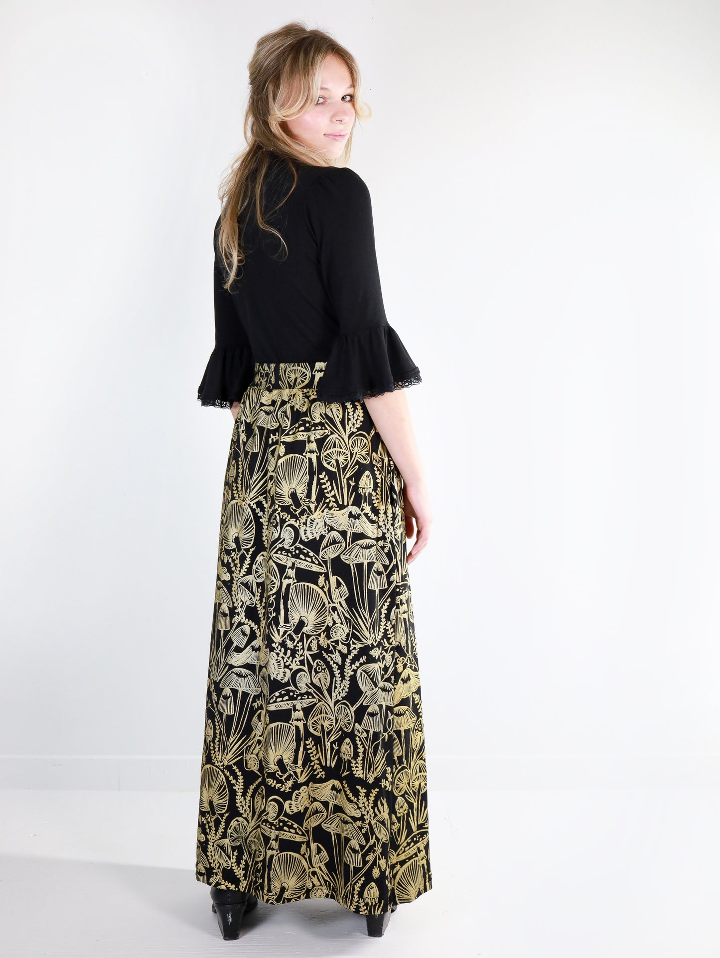 Gold on Black Shroomed Maxi Skirt - Thief and Bandit