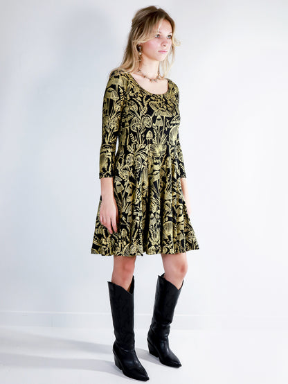 Gold on Black Shroomed Twirl Dress - Thief and Bandit
