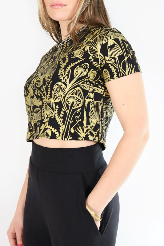 Gold on Black Shroomed Cropped Tee