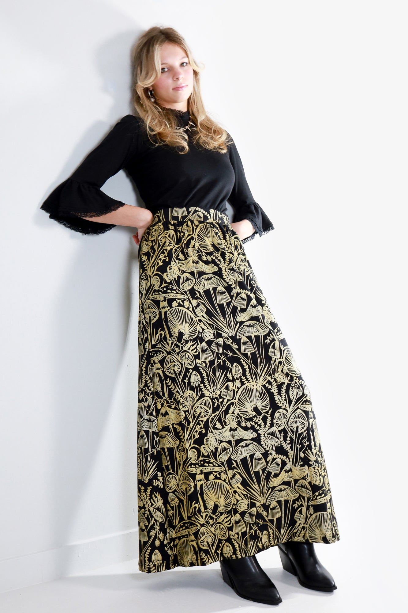 Gold on Black Shroomed Maxi Skirt
