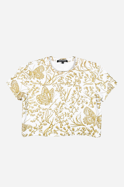 Gold on White Moth Cropped Tee in Small and Medium