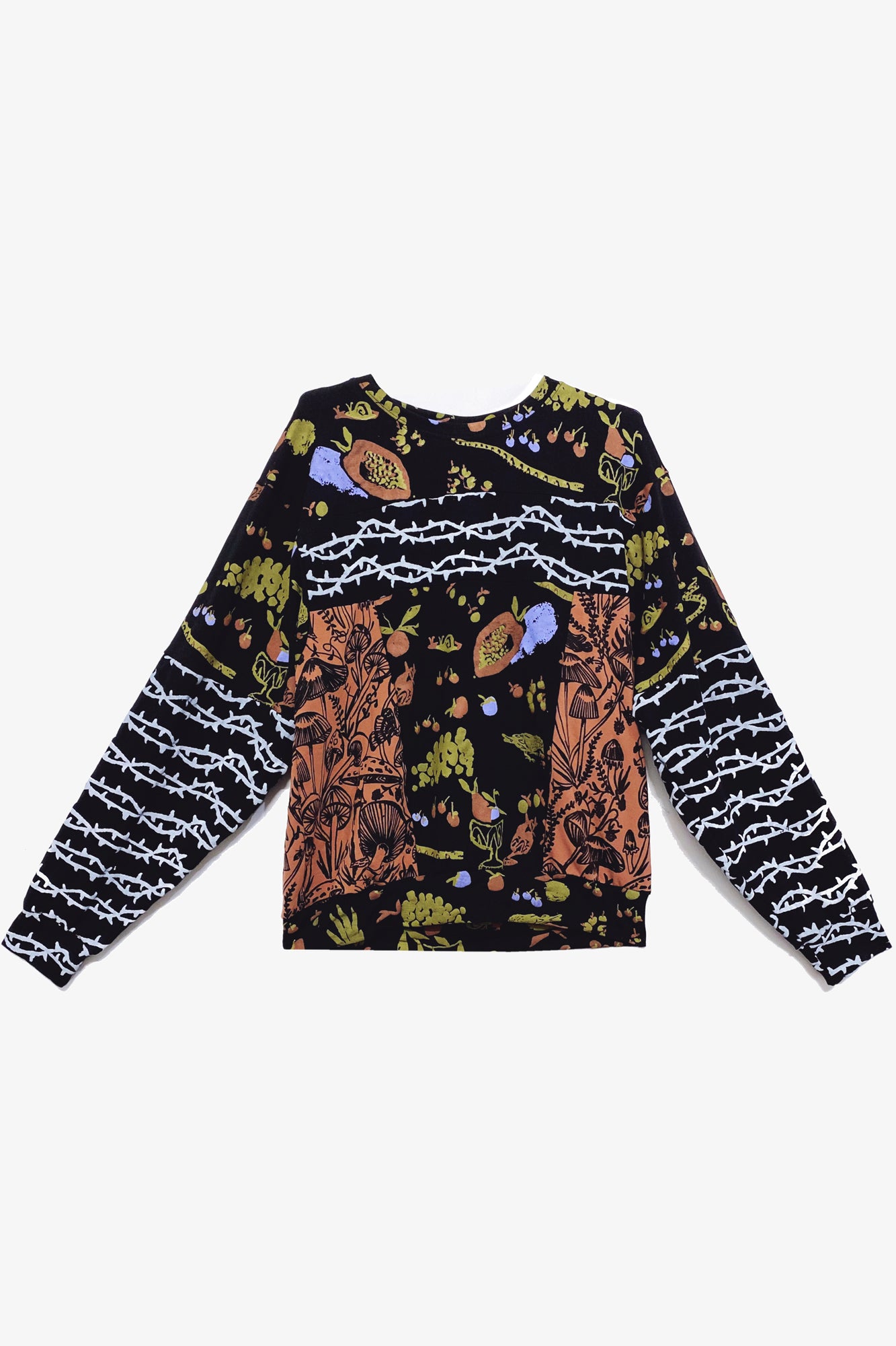 Unisex Patchwork Sweatshirt in Picnic, Mulberry Shroom, and Thorn in Size 1 (Fits Small-Medium)