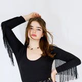 Long Sleeve Fringe Bodysuit in Black