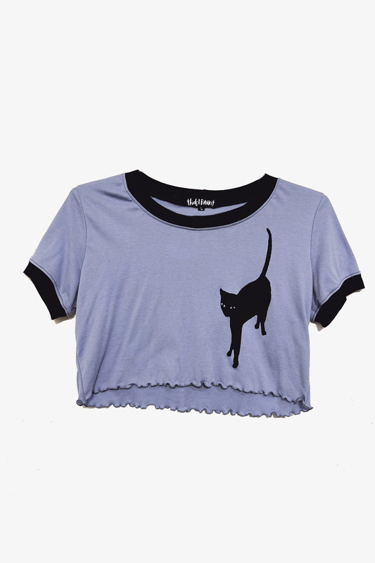 'Wandering Cat' Cropped Ringer Ruffle Tee in Large