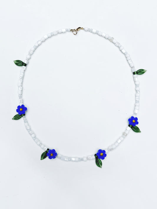 One of a kind glass bead necklace in Blue Daisy