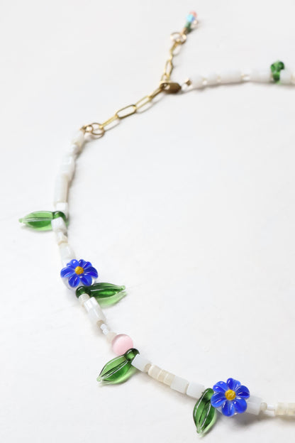 One of a kind glass bead necklace in Lapis Daisy