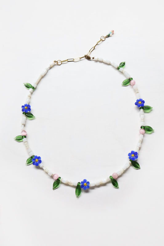 One of a kind glass bead necklace in Lapis Daisy