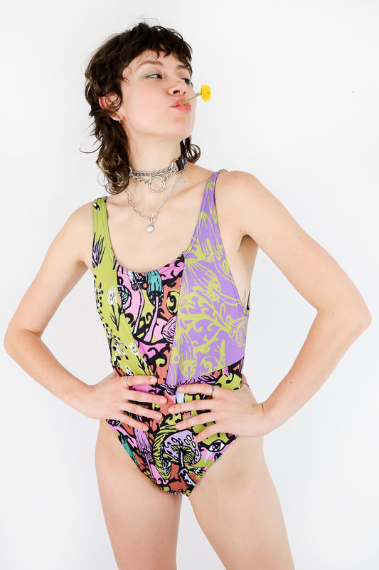 Patchwork Chartreuse Super Shroom/Thistle One Piece Swimsuit