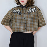 'Tandem Horses' Boxy Button-Up in Camel Plaid