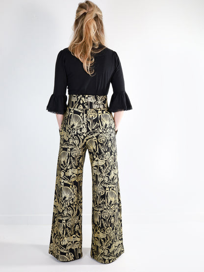 Gold on Black Shroomed High Waisted Wide Leg Pants - Thief and Bandit