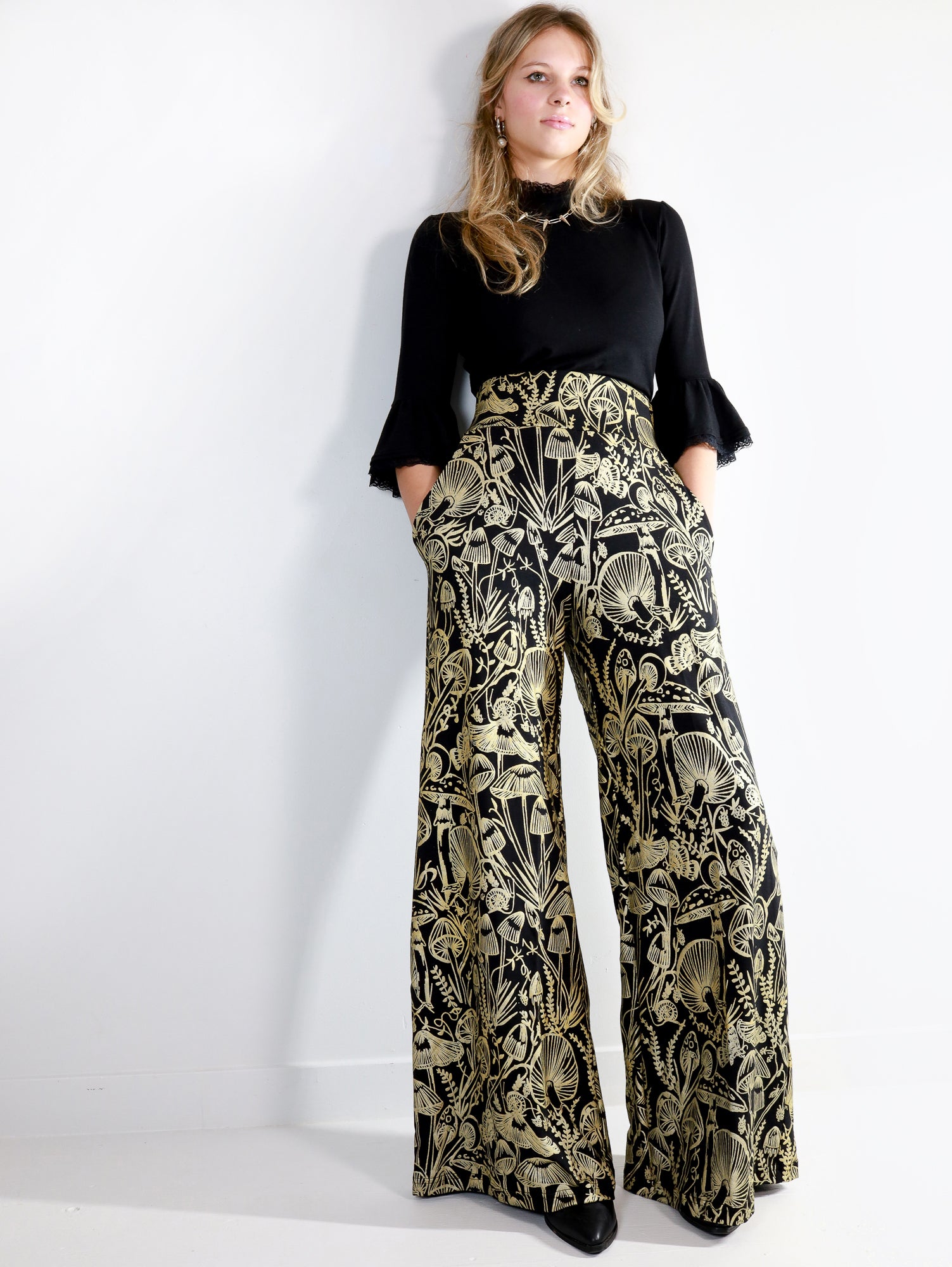 Gold on Black Shroomed High Waisted Wide Leg Pants - Thief and Bandit