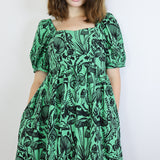 'Shroomed' on Kelly Green Puff Sleeve Dress (Medium)