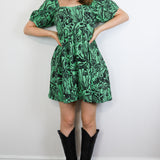 'Shroomed' on Kelly Green Puff Sleeve Dress (Medium)