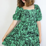 'Shroomed' on Kelly Green Puff Sleeve Dress (Medium)