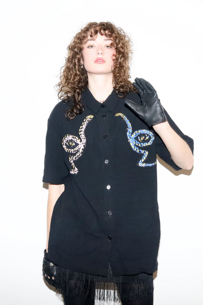 Snake Appliqué Unisex Crepe Button Up in Size 2