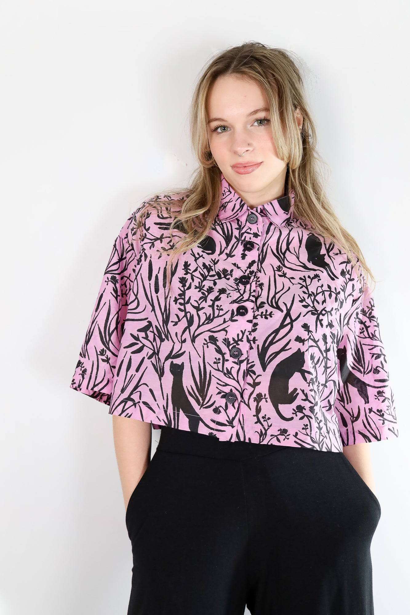 Rose Cattails Cropped Silk Button Up