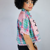 Pepto Plaid Lace-Trimmed Button-Up