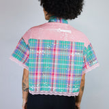 Pepto Plaid Lace-Trimmed Button-Up