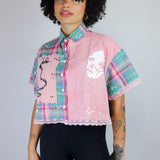 Pepto Plaid Lace-Trimmed Button-Up