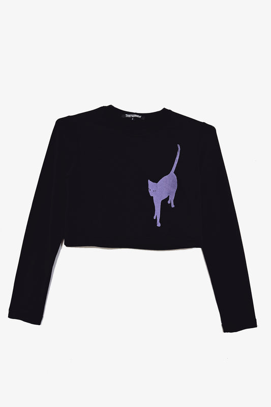 'Wandering Cat' Cropped Long Sleeve Tee in Small