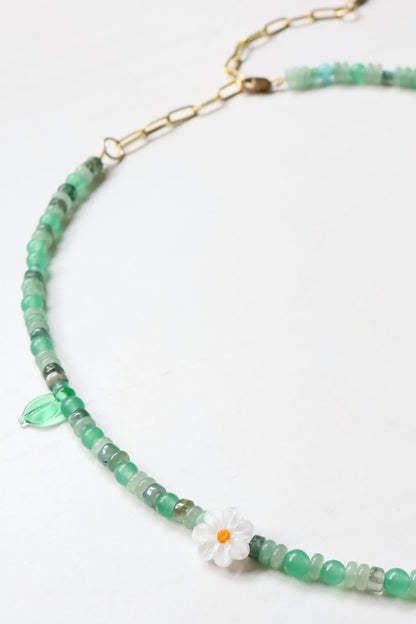 One of a kind glass bead necklace in Pale Green Daisy