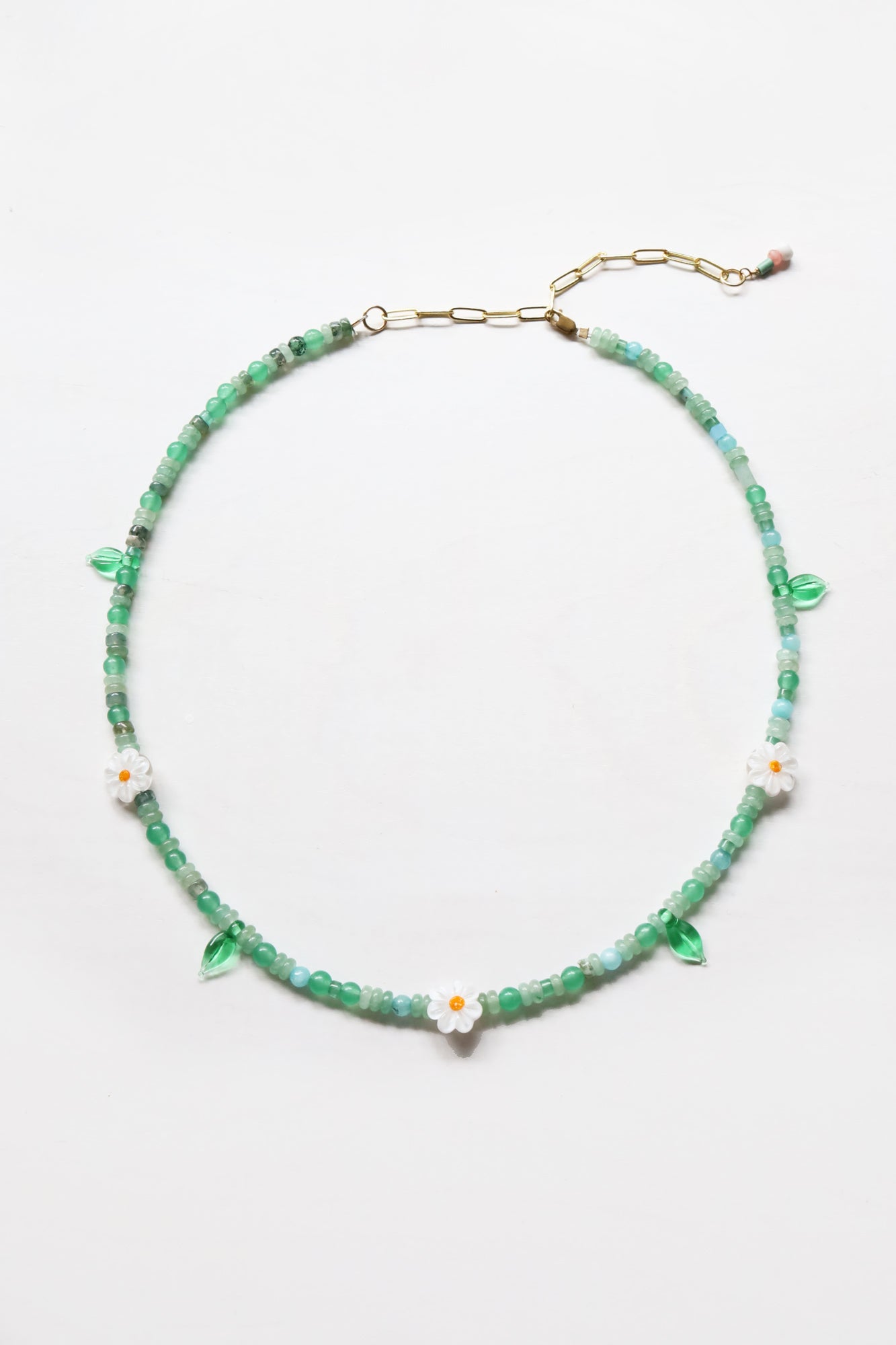 One of a kind glass bead necklace in Pale Green Daisy