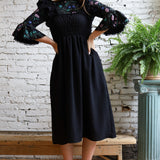 Fit and Flare Smocked Bodice Mollie Dress in Black