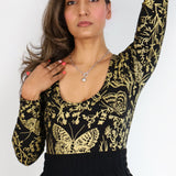 Gold on Black Moth Scoop Neck Bodysuit in Medium