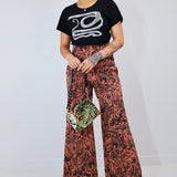 Black on Mulberry Shroomed High Waisted Wide Leg Pants