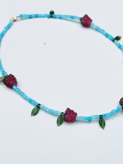 One of a kind glass bead necklace in Turquoise Raspberry