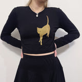 Cropped Ghost Cat Long Sleeve Top in Medium