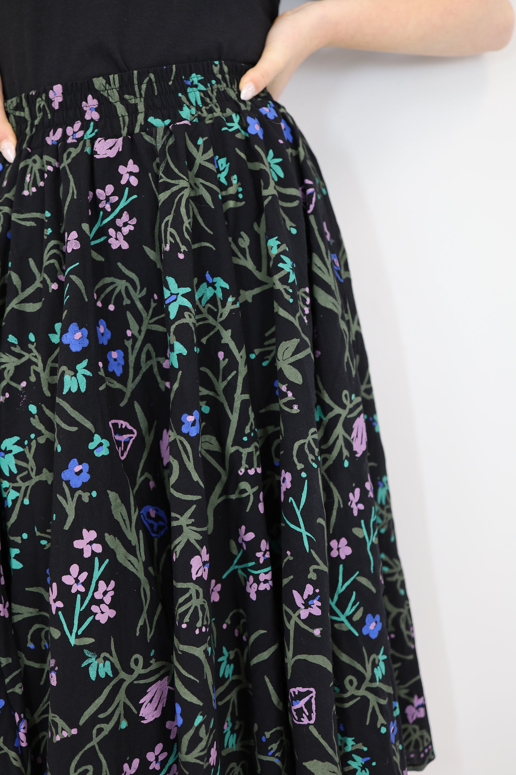Detail of Model wearing a black floral skirt