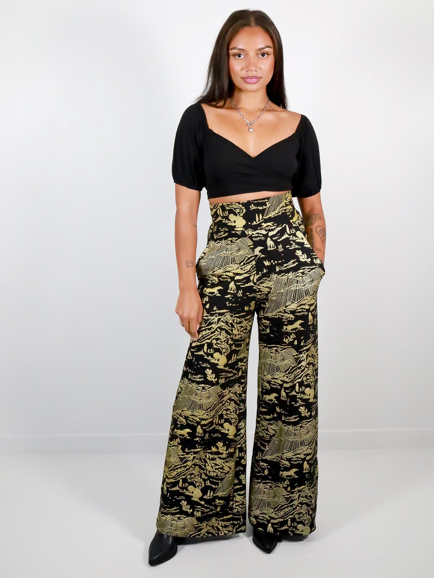 Gold on Black Shadow Canyon High Waisted Wide Leg Pants - Thief and Bandit